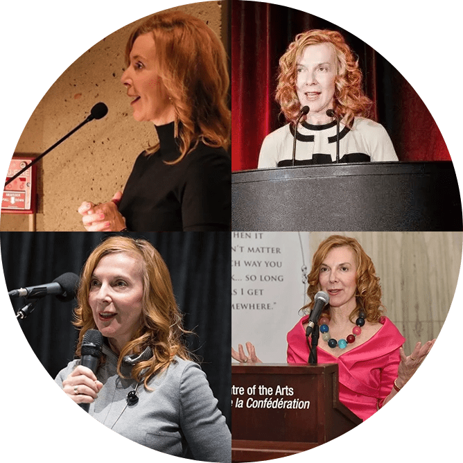 Four women are speaking at a podium in front of microphones.